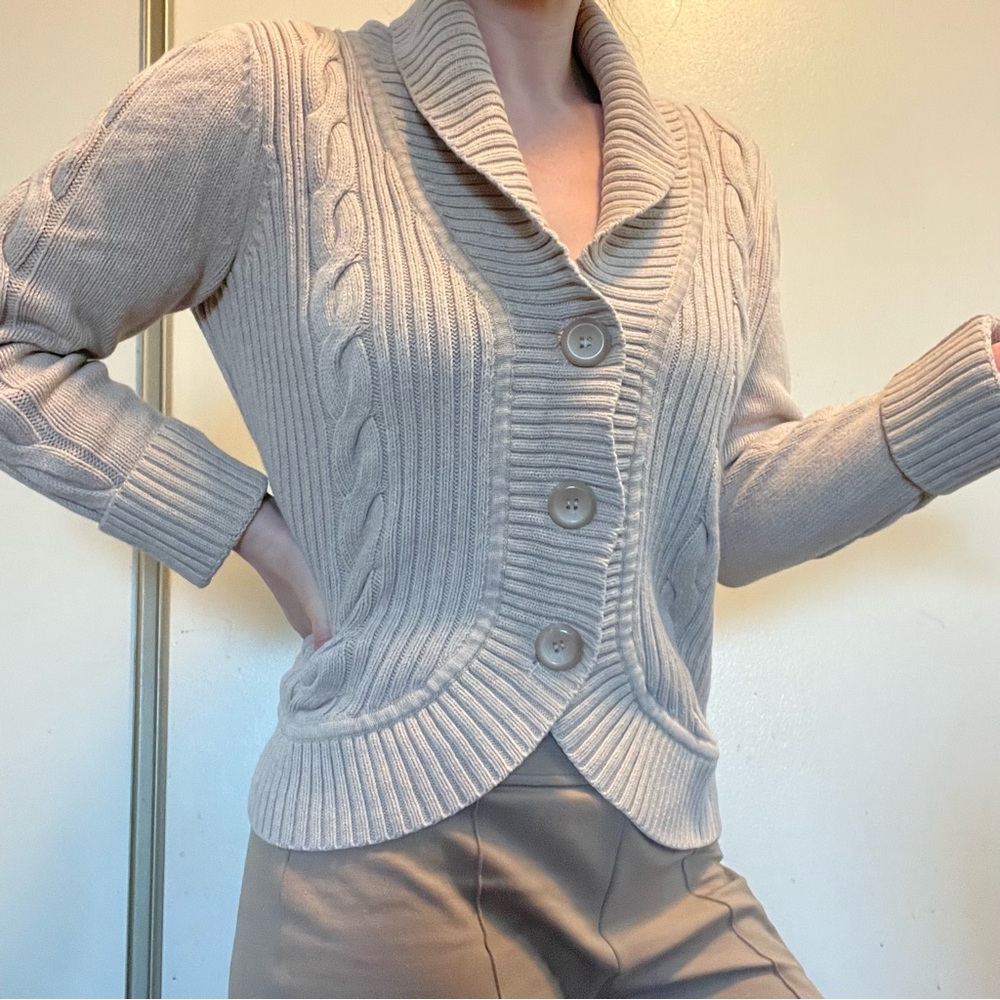 G.H. Bass 100% Cotton Beige Cable Knit Coastal Grandma Shawl Collar Cardigan